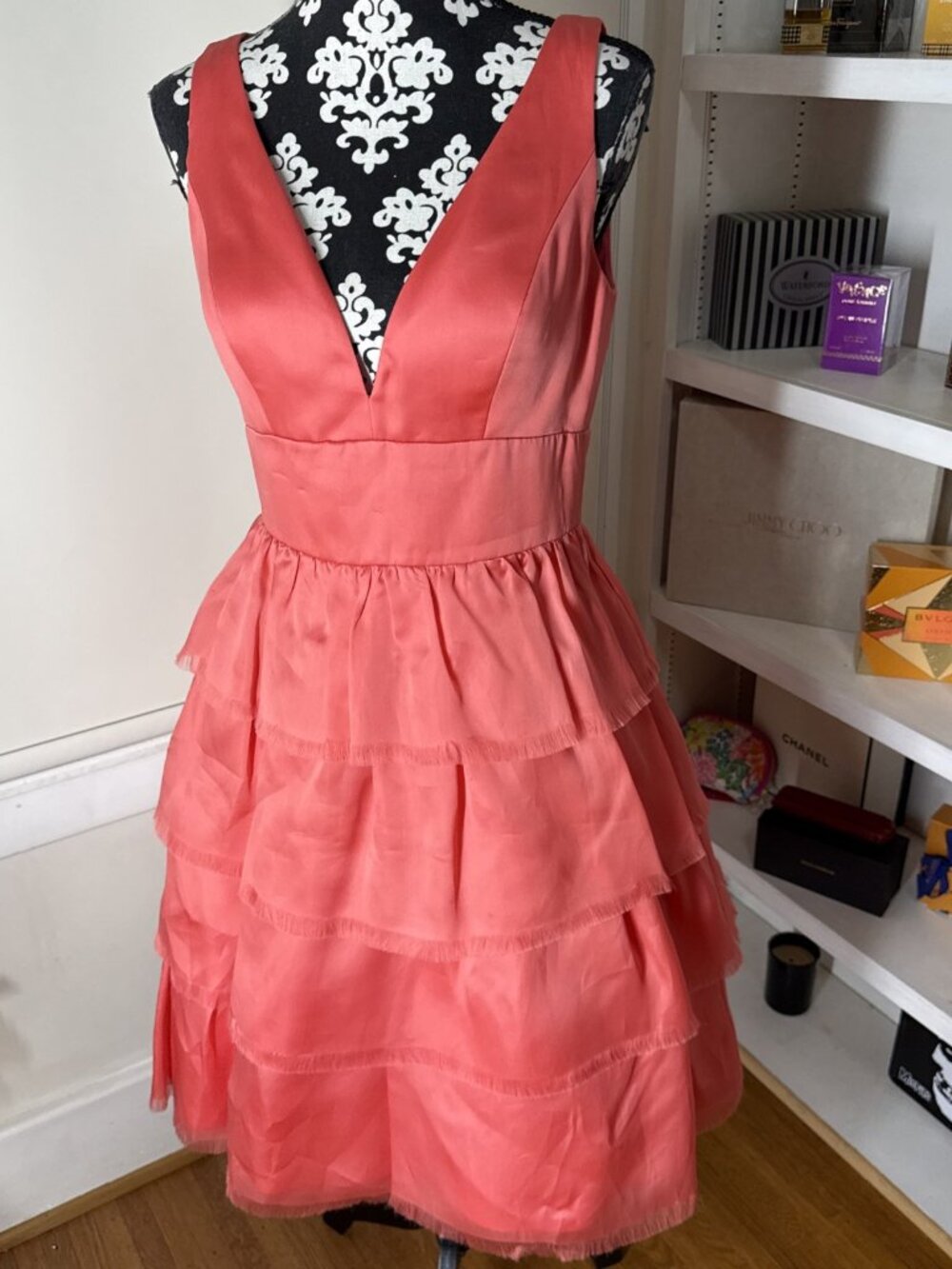 Badgley Mischka Coral Sleeveless Fit & Flare Silk layered Cocktail Dress Chic 6